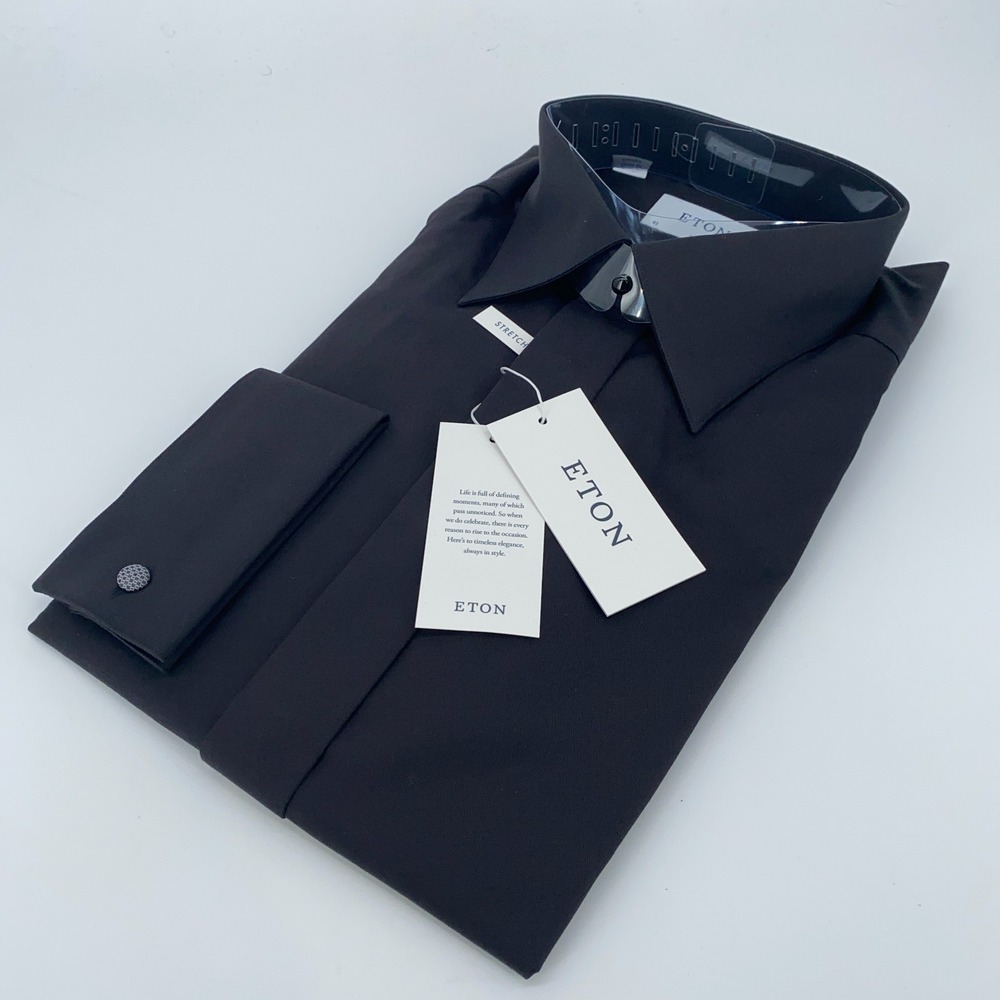 Eton Dress Shirt Men XL 17 - 43 Black Stretch Twill Slim Fit‎ Collared Button Up